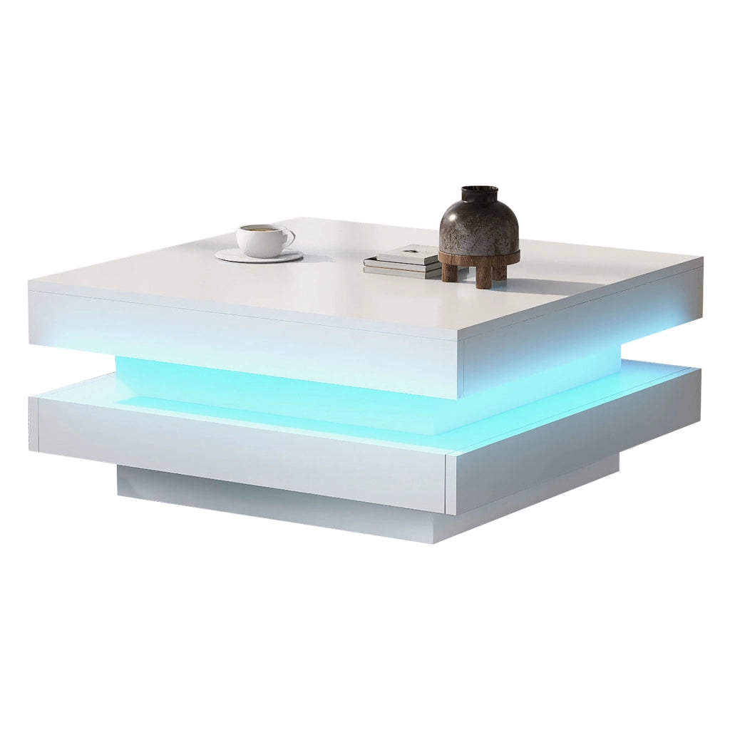 Tavolino da caffè quadrato con illuminazione LED Bluetooth USB; finitura lucida; in pannelli di particelle; bianco; 70 × 70 × 36 cm