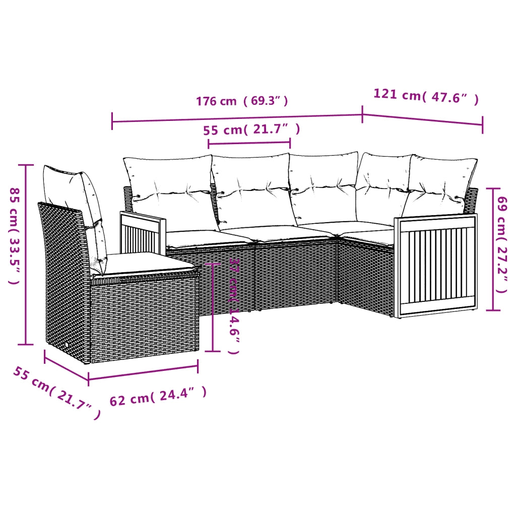 Set Divani da Giardino 5 pz con Cuscini in Polyrattan Nero 3227652