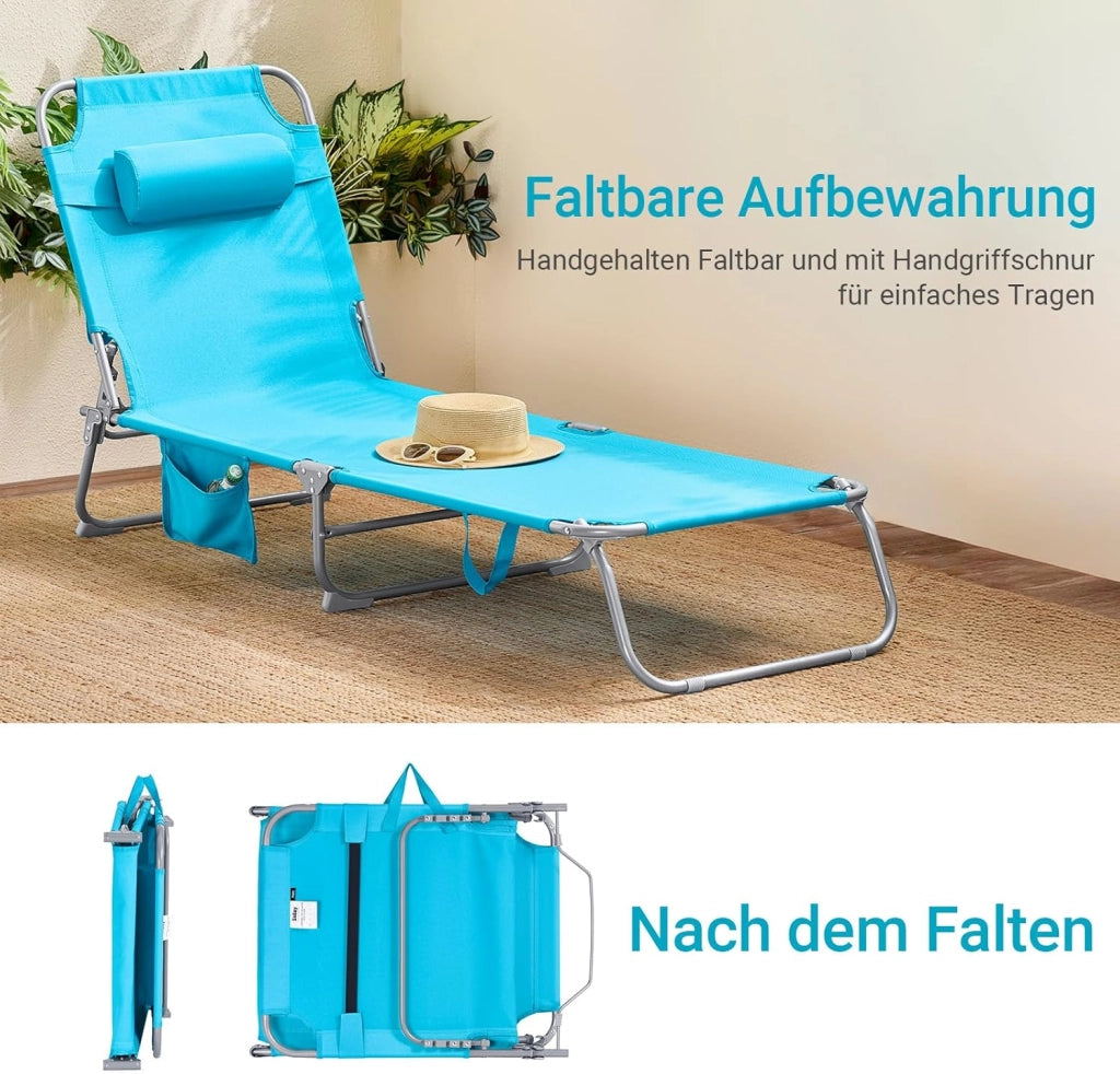 Set di 2 Sdrai da Giardino Lettino Prendisole con Cuscino e Tasca Laterale Sedia Sdraio da Esterno per Patio, Campeggio Spiaggia, Sdraio Pieghevole da Giardino Azzurro 155x56x81cm OGS35-Bx2