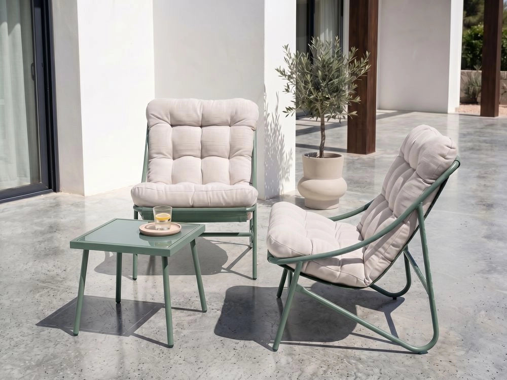 Set da giardino per esterni composto da poltrone a 2 posti e tavolino,verde e beige design elegante