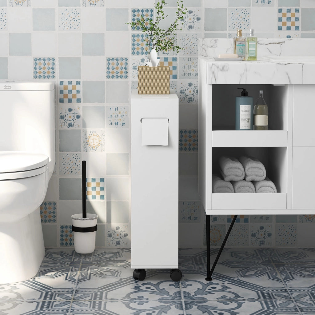 Mobile Bagno Stretto con Ante Scorrevoli, Ripiani Regolabili e Ruote ¨C Zephmum ¨C Bianco