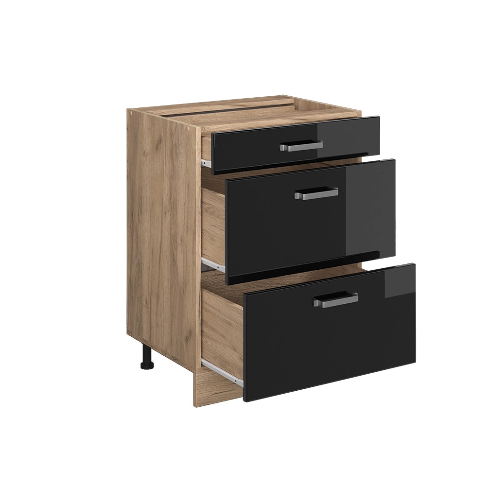 Vicco Mobiletto base per cucina Nero lucido 60 cm con cassetti, senza piano di lavoro