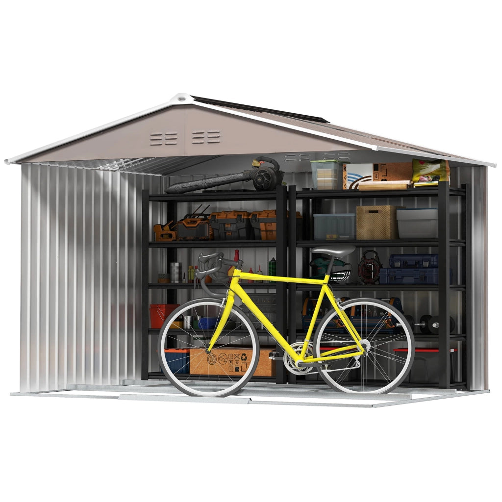Casetta da giardino in acciaio zincato 4,9 m² 277x195x192 cm con porte scorrevoli, grigio chiaro