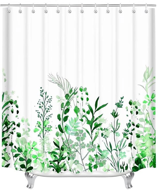Douchegordijn 220x200cm con Foglie Verdi Peso Pieno Zoom Anti-muffa Tessuto, Idrorepellente, Lavabile, Badgordini in Poliestere con Anelli e 14 Douchegordijnring per Bagno, Vasca da Bagno