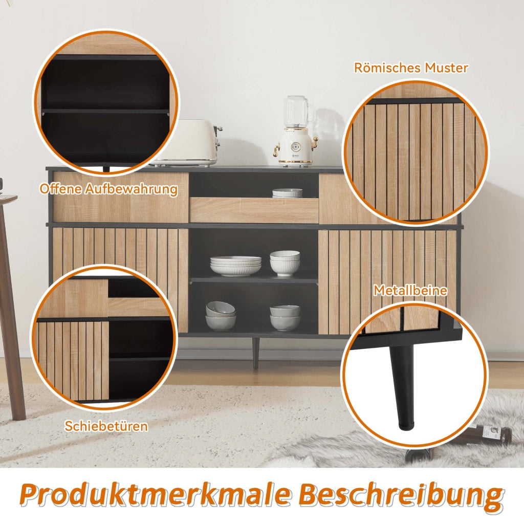 Credenza con 4 ante scorrevoli; 1 cassetto e ripiani regolabili per soggiorno in truciolare nero 160×40×80 cm