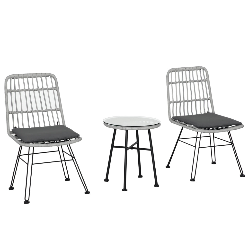 Set di Tavolo e Sedie da Giardino da 3 Pezzi in Rattan PE e Acciaio, Set Bistr¨° da Giardino con Tavolino da Caff¨¨ con Piano in Vetro e 2 Sedie, per Balcone Patio Cortile Esterno, Grigio