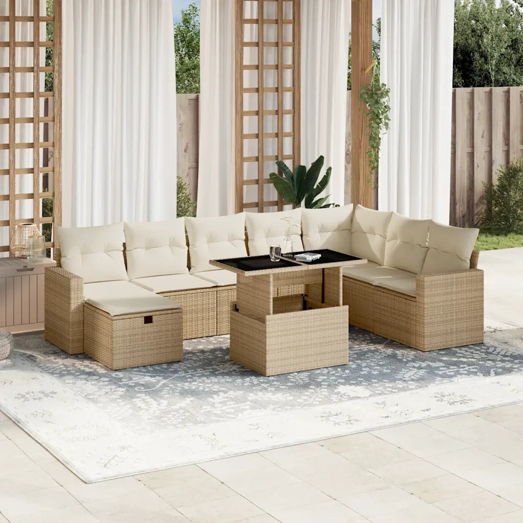 Set Divano da Giardino 9 pz con Cuscini Beige in Polyrattan