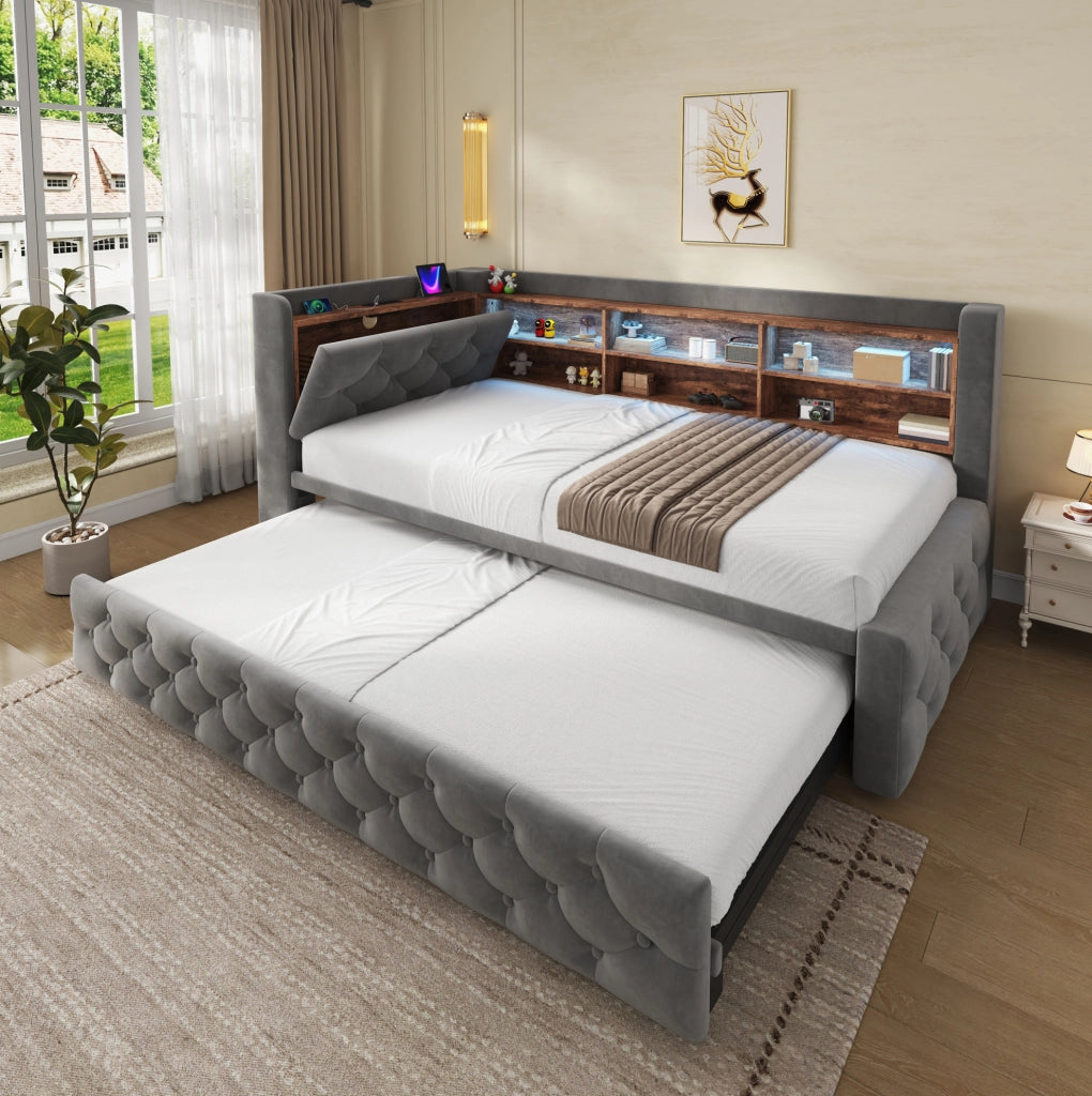 Divano letto 90x190 cm estraibile con LED; USB e Type-C in velluto grigio scuro