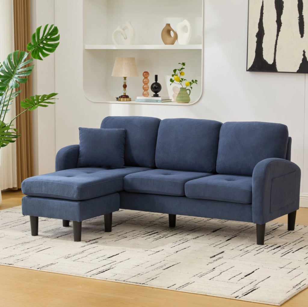 Divano angolare modulare 166x118x77 cm con chaise longue reversibile; in cord; blu