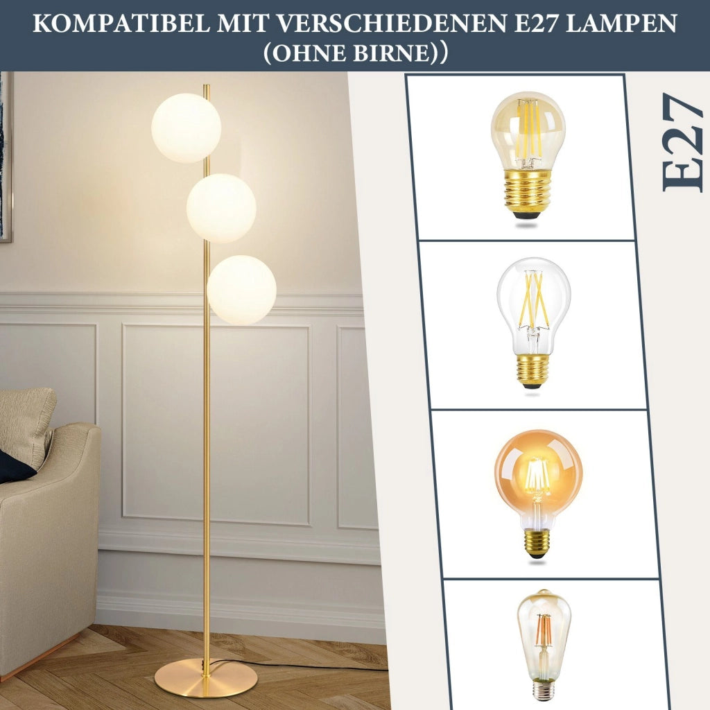 ZMH Lampada da terra moderna 3 fiamme E27 oro metallo vetro bianco interruttore pedale industriale per soggiorno