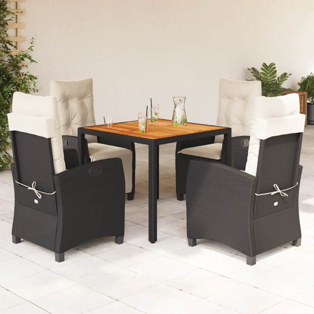Set da Pranzo da Giardino 5 pz Nero con Cuscini in Polyrattan