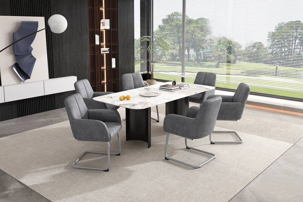 Sedia da pranzo set da 4 con braccioli integrati design ergonomico imbottita e gambe curve in similpelle grigia