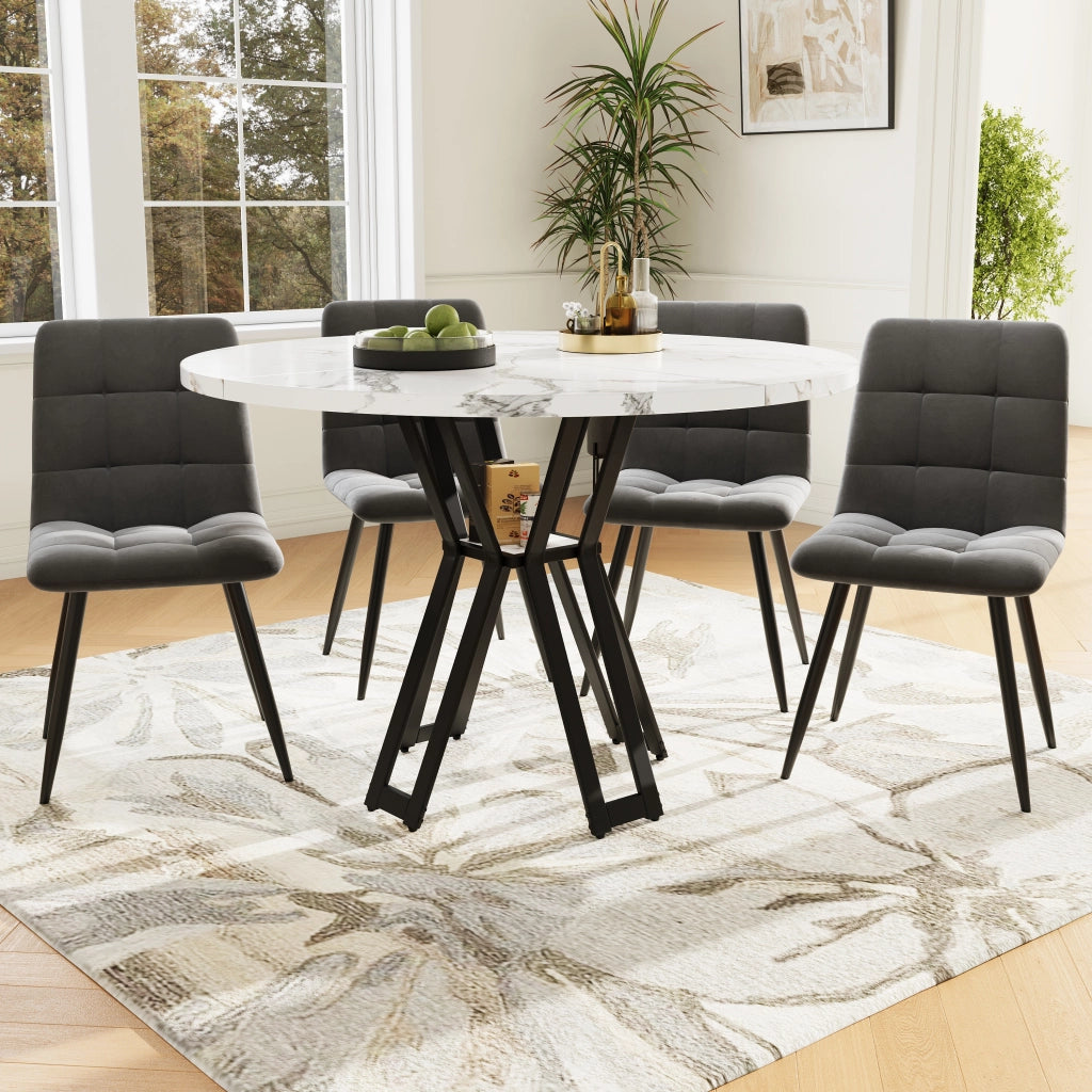 Tavolo da pranzo per 4 persone con 4 sedie, piano marmorizzato, gambe nere, in MDF e metallo, 100 × 100 × 76 cm