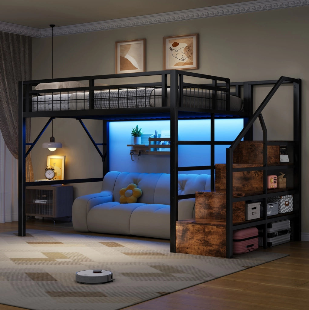 Letto a soppalco 140x200 cm in metallo nero con LED e scala contenitore