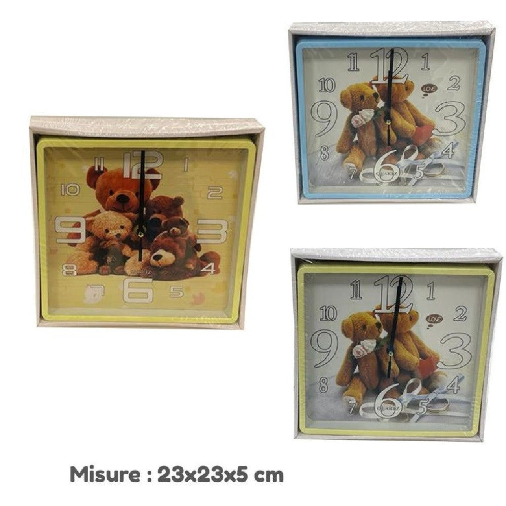 Trade Shop - Orologio Parete Per Bambini Quarzo Muro Quadrato Orsetti Casa Arredamento 23x5cm -