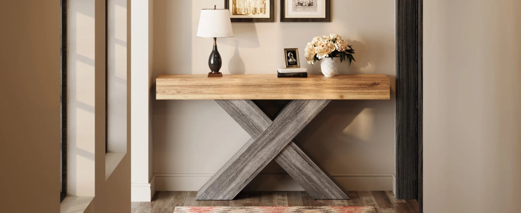Consolle con struttura a X in pannello truciolare effetto legno naturale per ingresso e soggiorno 140 × 30 × 80 cm