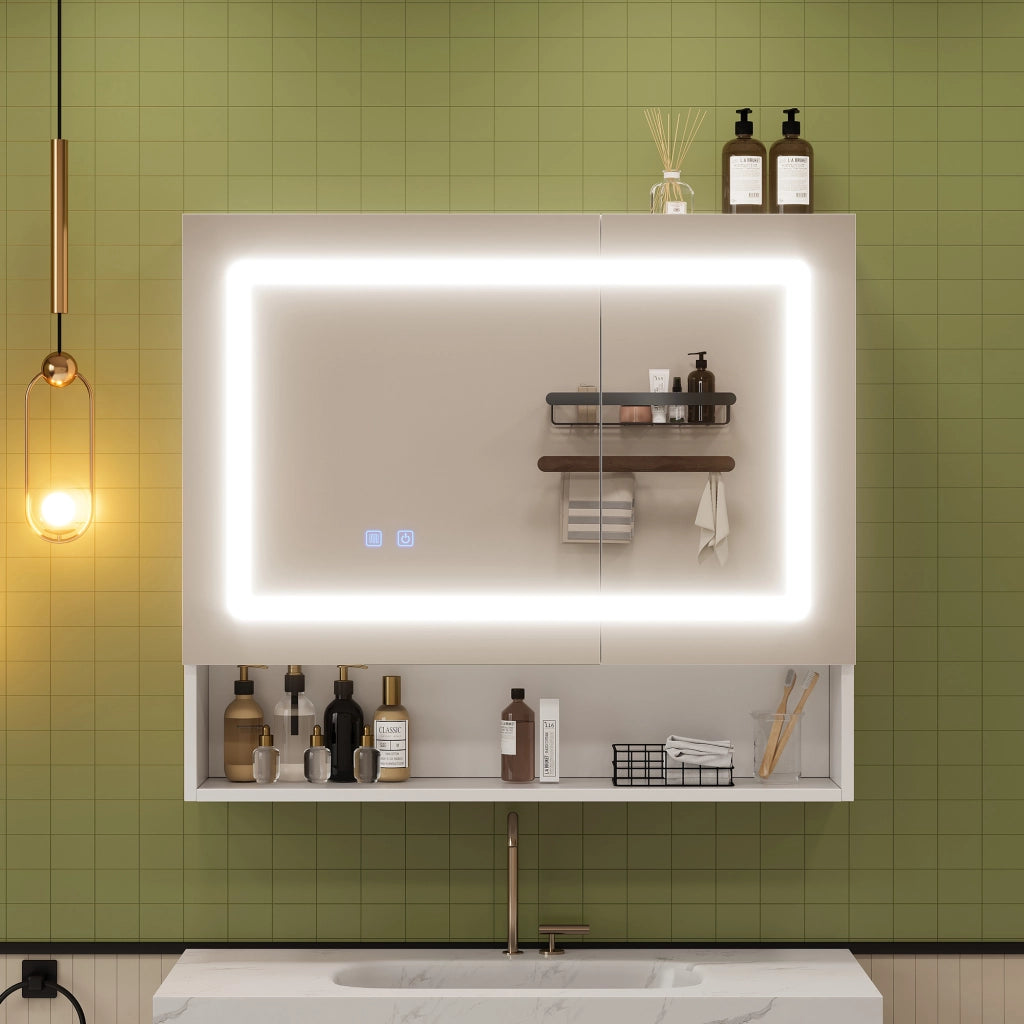Mobile con specchio - 2 ante; LED dimmerabile e antiappannamento - per bagno - MDF - 80x17x70 cm - bianco