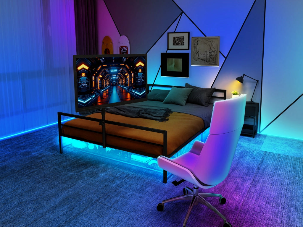 Letto gaming in metallo nero 206 cm con supporto LED e cestelli contenitori