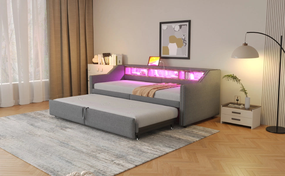 DESMIU Letto estraibile 90 × 200 cm 2 posti con USB, LED, ripiani e 180 × 200 cm, senza materasso