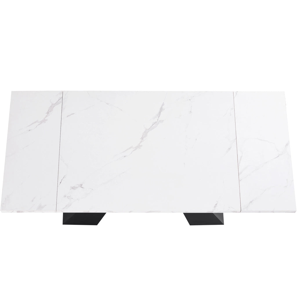 Tavolo da pranzo allungabile con piano in MDF effetto marmo e gambe in acciaio al carbonio, bianco, 99 × 74 × 77 cm