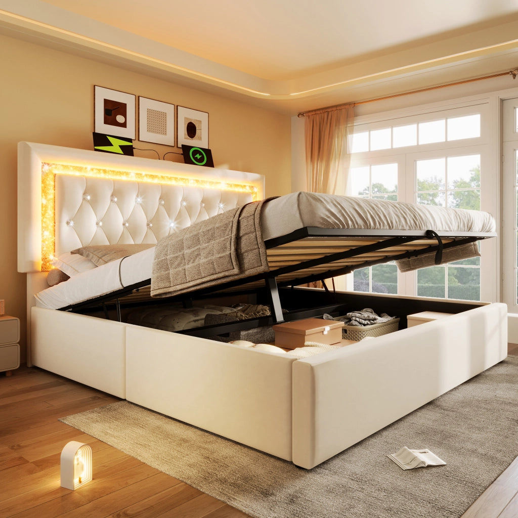 OKWISH Letto Contenitore 160×200 cm, Letto Matrimoniale con LED Regolabile, USB, Type C e Testiera Trapuntata, senza Materasso, Velluto, Beige