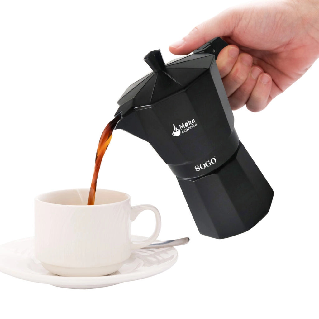 Caffettiera moka 3 tazze in alluminio nero per gas e vetroceramica, manico ergonomico per caffè espresso - Sogo