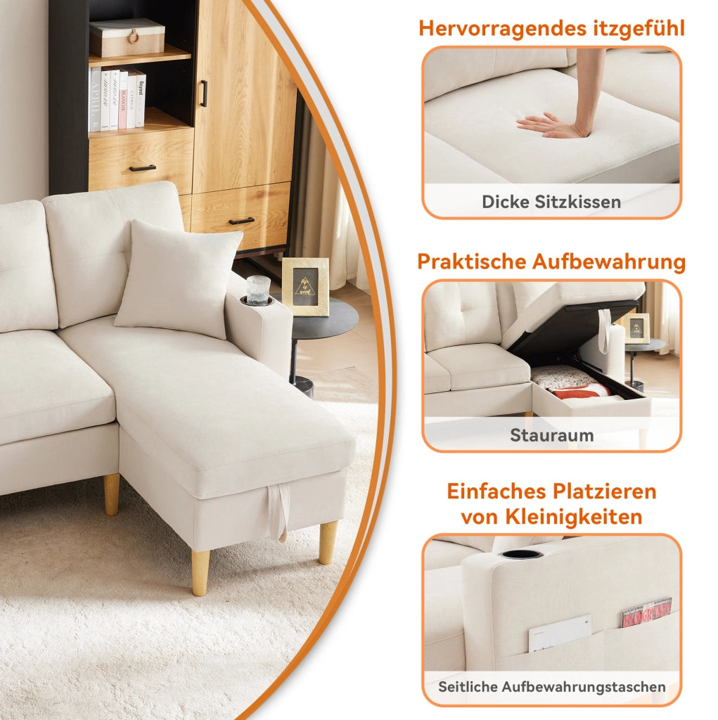 Divano angolare 3 posti con chaise longue reversibile beige