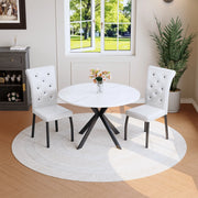 Tavolo da Pranzo Rotondo Effetto Marmo con 2 Sedie Bianche ¨C MINIMAL ¨C Gambe in Metallo, Ecopelle