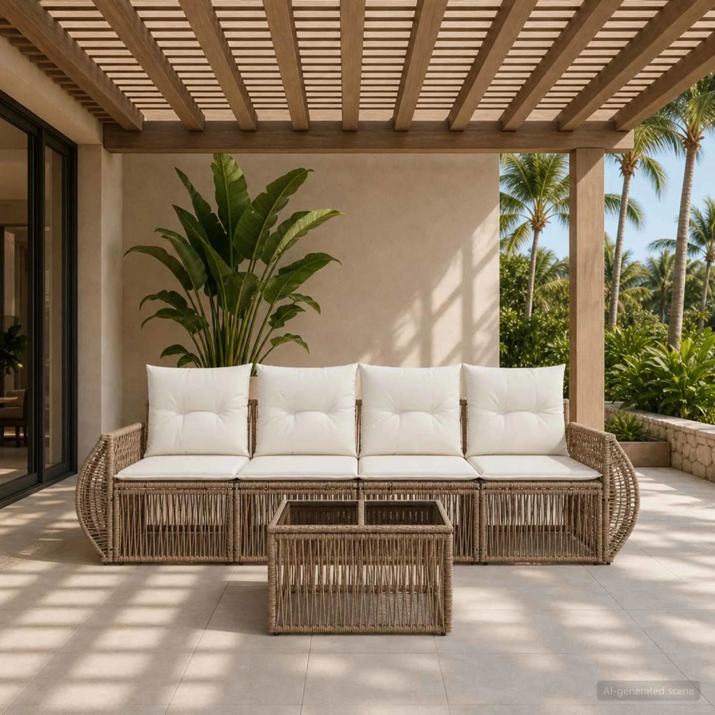 Set Divano da Giardino 5 pcs Beige e Bianco Crema polyrattan 3435345