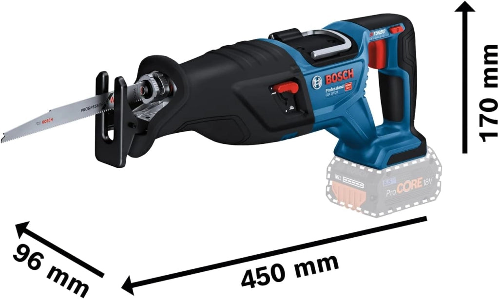 Bosch Professional BITURBO Sega universale a batteria GSA 18V-28 (incl. 2 batterie PROCORE da 5.5 Ah, caricabatteria GAL 1880, in L-BOXX)