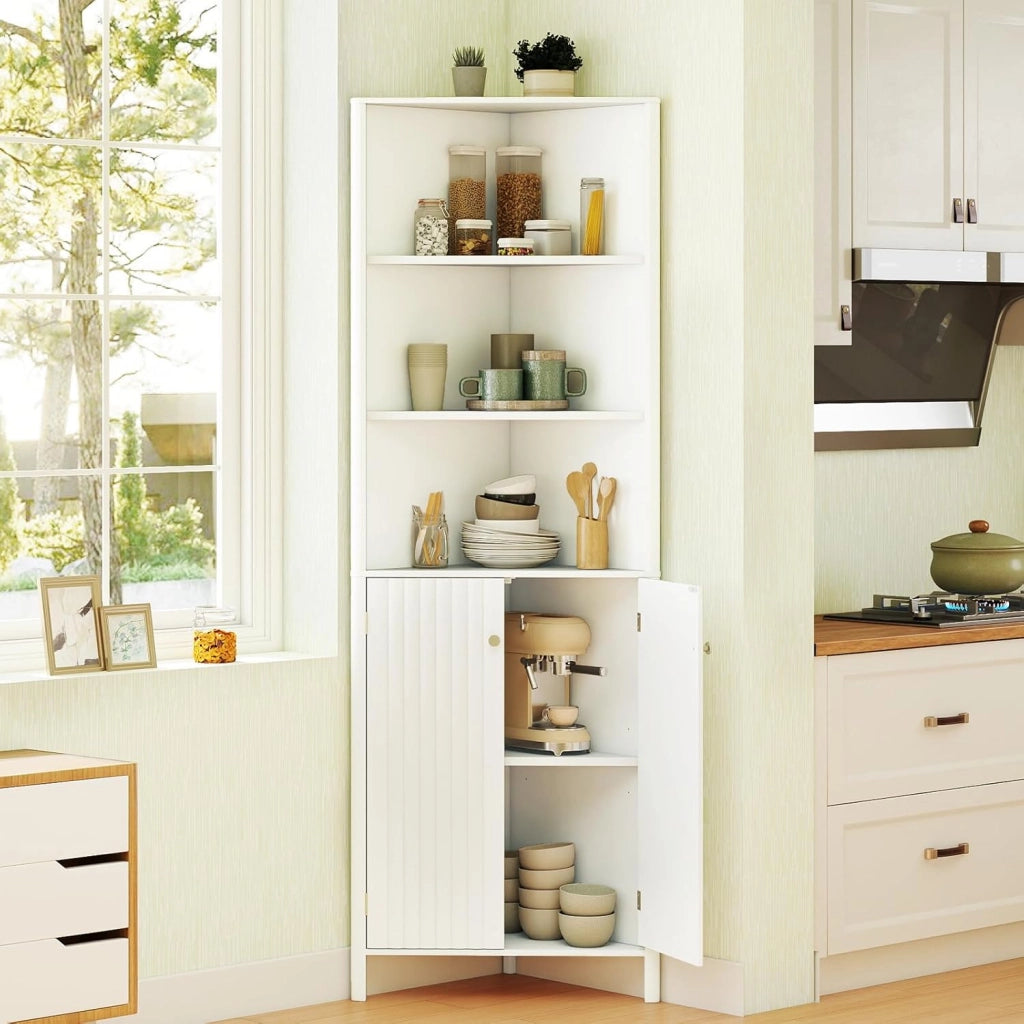 Mobile da Bagno Alto, Mobiletto d’Angolo a 5 Livelli con 2 Ante, 3 Scomparti Aperti e Ripiano Regolabile, per Soggiorno, Cucina e Lavanderia, 32 x 58 x 172,5 cm (Bianco)