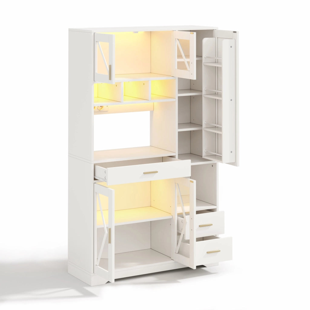 Mobile buffet da cucina 105 x 40 x 185 cm in MDF bianco con LED a cambio colore; prese e USB