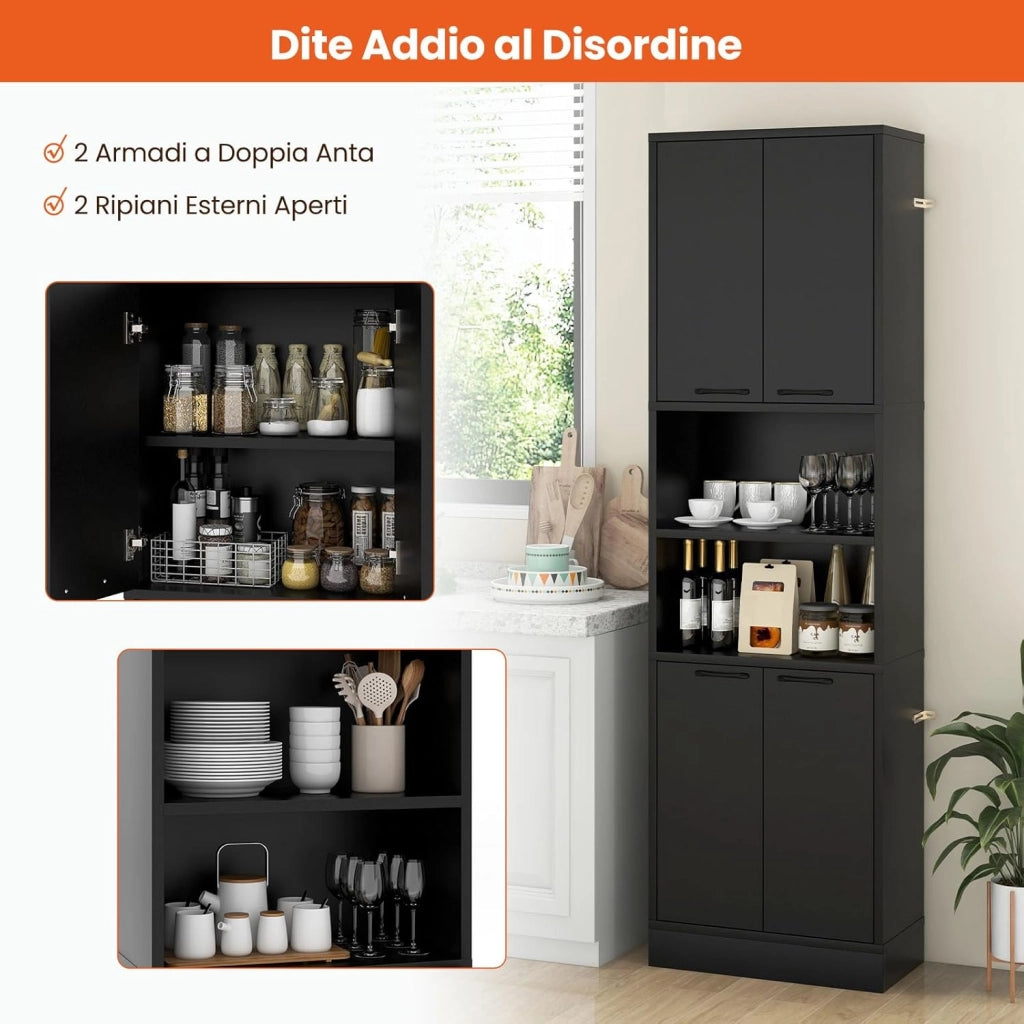 Credenza da Cucina, Mobile Buffet Alto con 2 Armadi a Doppia Porta e 2 Mensole Aperte, per Soggiorno, Cucina e Sala da Pranzo, 56 x 30 x 190 cm (Nero)