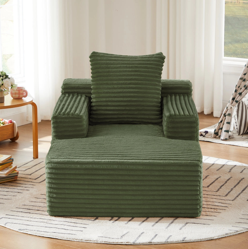 Divano chaise longue verde in velluto a coste, senza montaggio