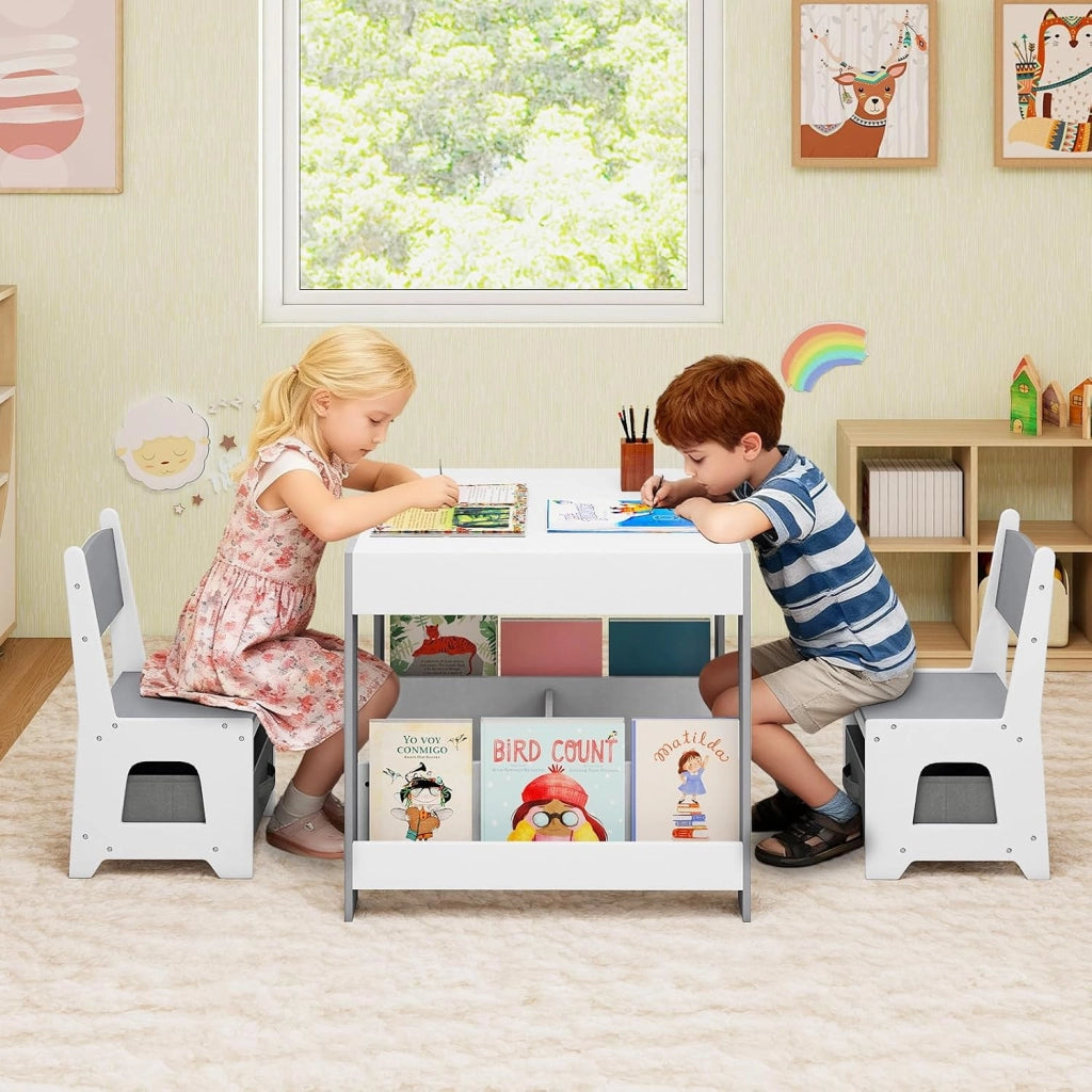 4 in 1 Set Tavolo e Sedie per Bambini 3+ Anni, Tavolo e Sedie con Piano Reversibile, Scaffali e Cassetti, Ideale per Disegno, Lettura e Studio (Grigio, Stile 3)