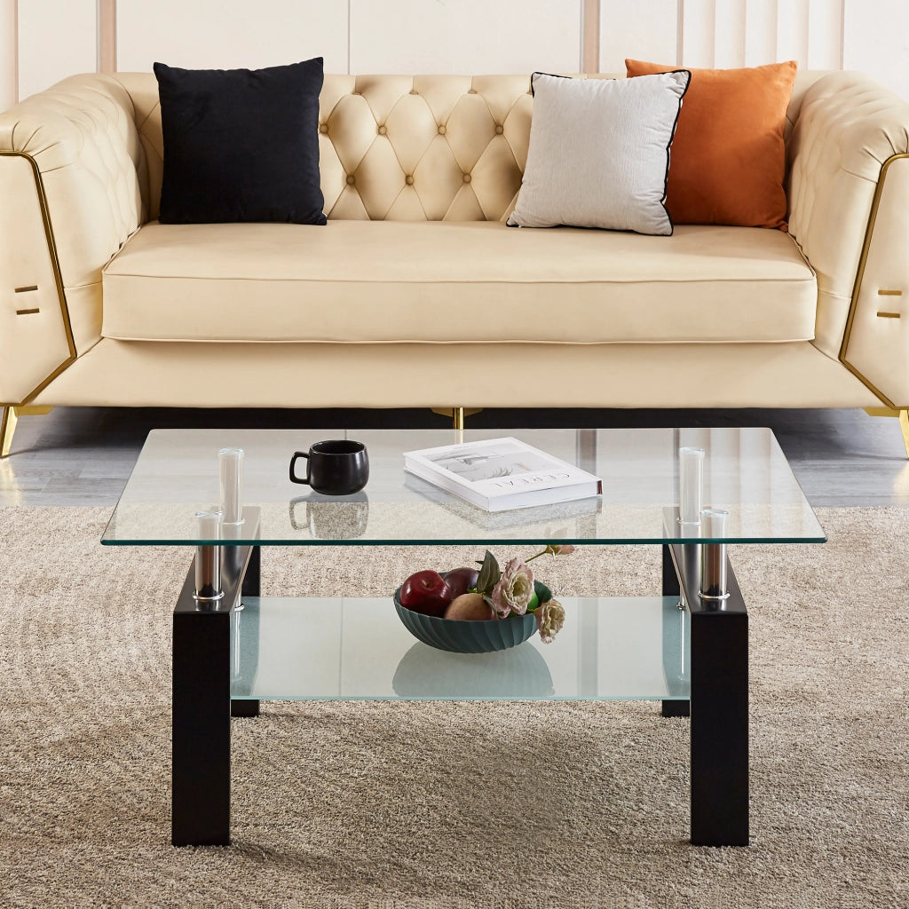 Tavolino da caffè con piano a 2 livelli - per soggiorno - in vetro e metallo - 100×60×44 cm - trasparente