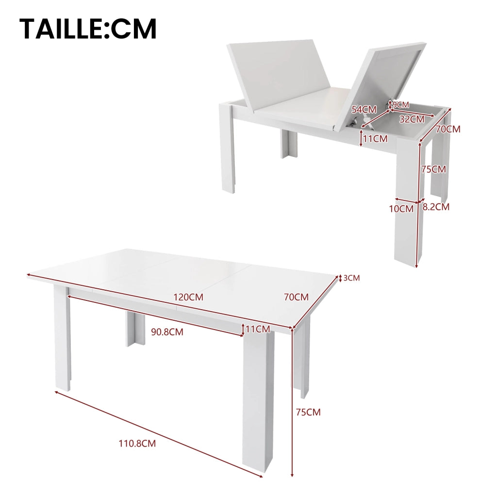 Tavolo da pranzo con piano ribaltabile e vano contenitore stile moderno per sala da pranzo e cucina in MDF bianco 120 × 70 cm