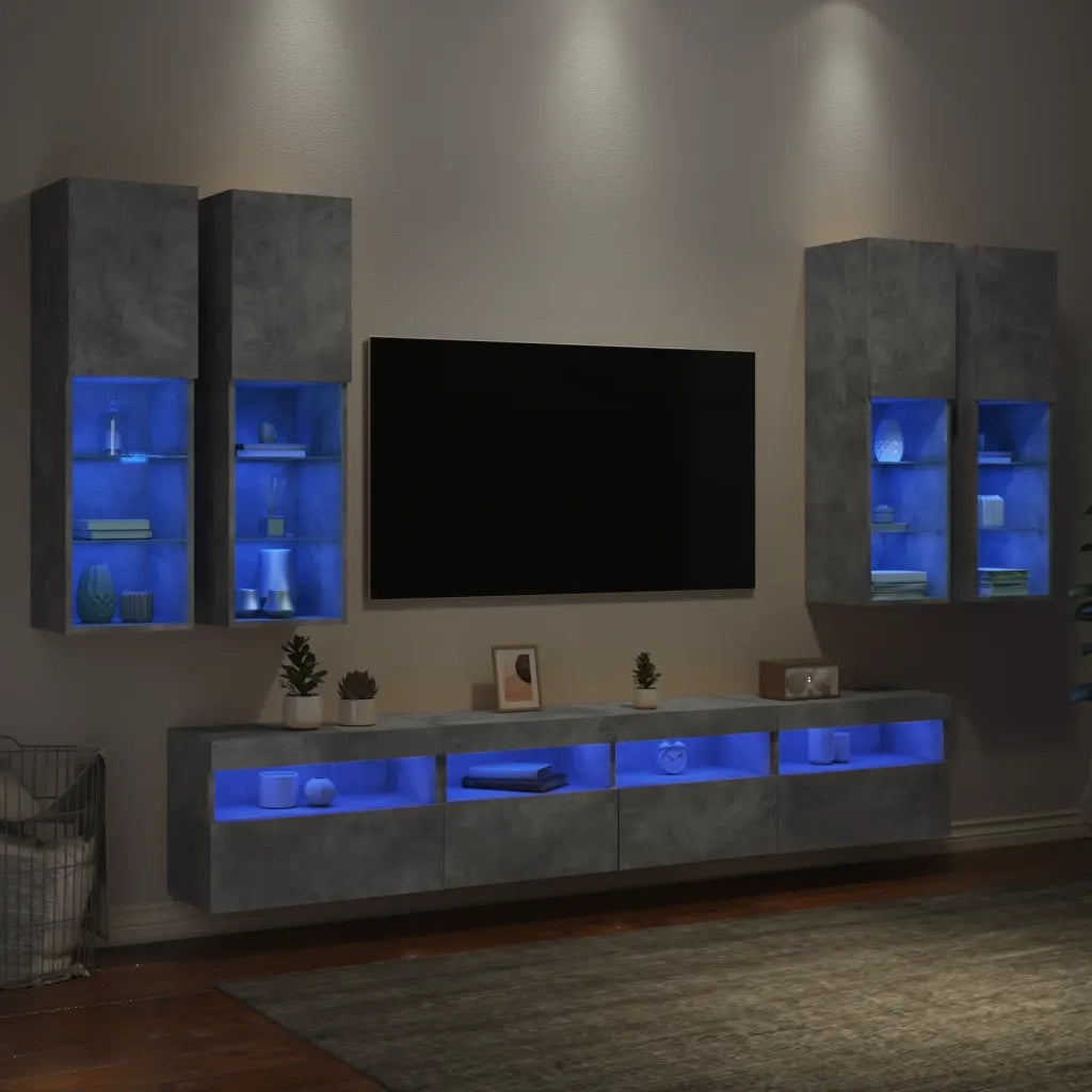 Set Mobili TV a Muro 7 pz con Luci LED Grigio Cemento