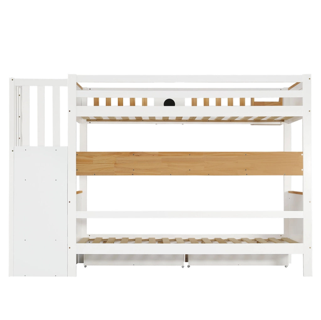 Letto a castello 90x200 cm con scala contenitore; 2 cassetti e ripiani; bianco e naturale