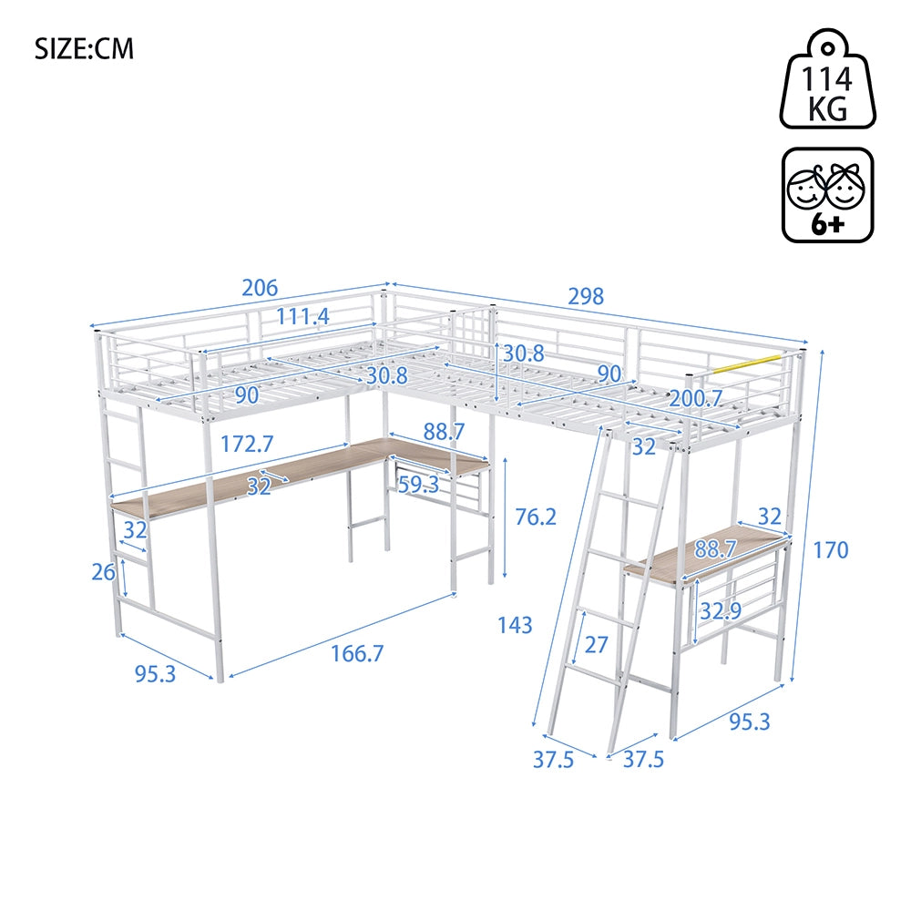Letto a castello 90x200 cm - Xylo - Bianco con tavolo e scala