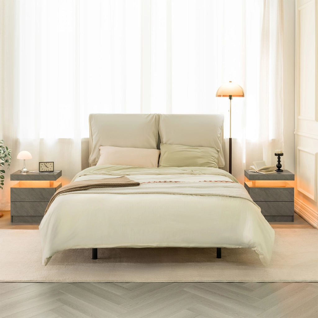Comodino con LED regolabile, 2 cassetti e vano aperto, per camera da letto, in legno ingegnerizzato, grigio scuro
