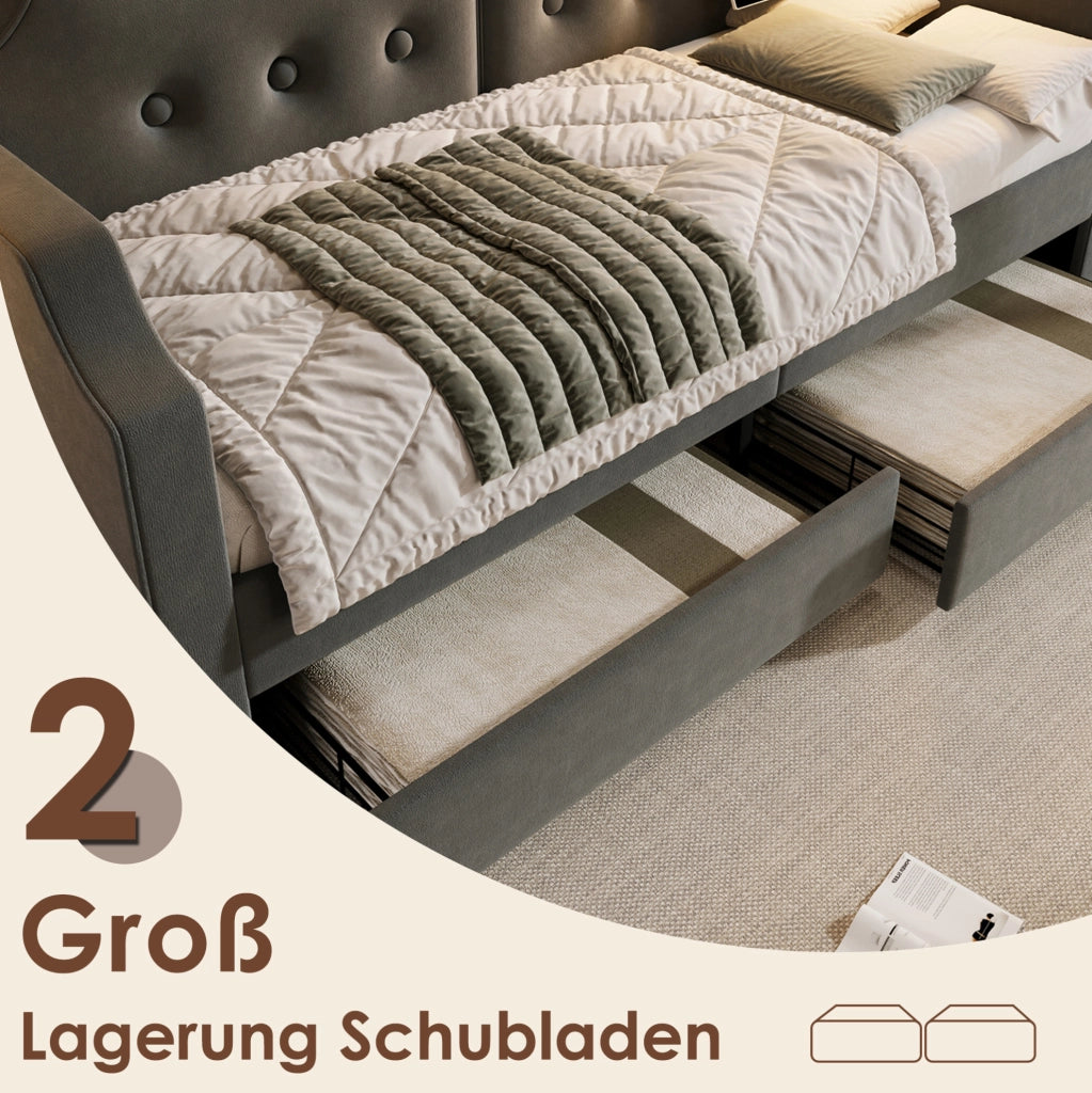 Letto singolo imbottito 90x200 cm con USB-C, cassetti e luce