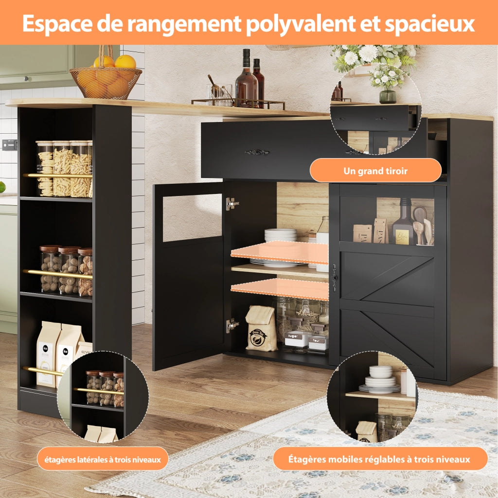 Tavolo da Pranzo Allungabile con 1 Cassetto; 3 Ripiani e Rotazione a 360 Gradi; in MDF; Nero; 138-204x39x104 cm