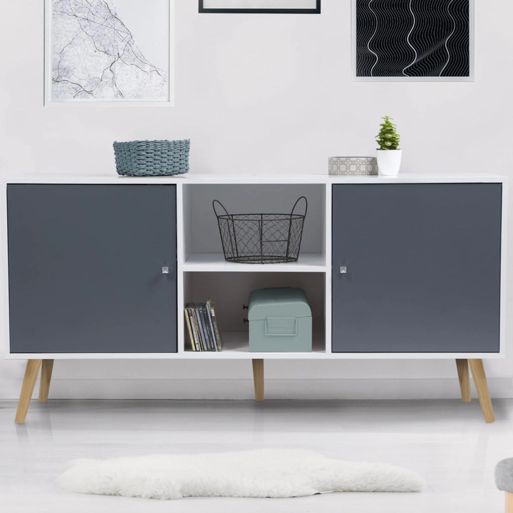 Credenza scandinava bassa EFFIE 140 cm con 2 ante in legno bianco e grigio