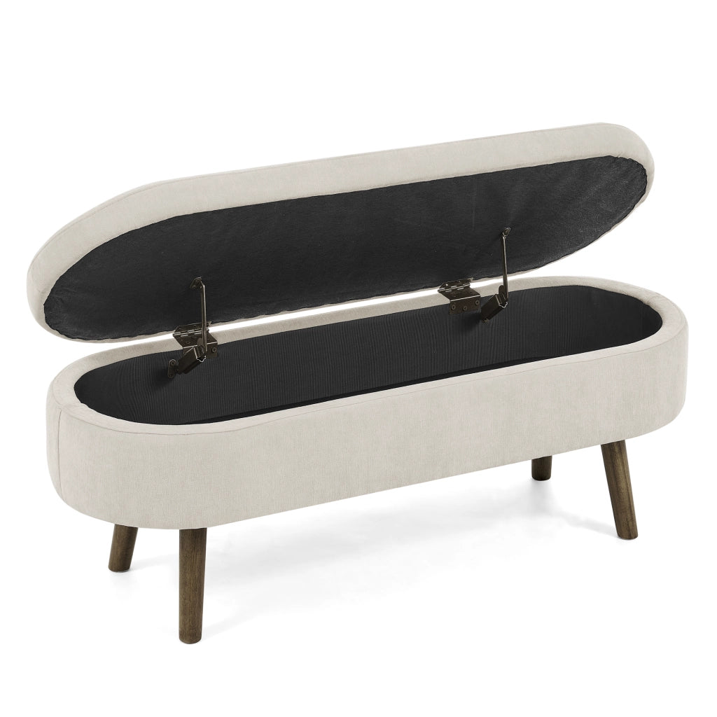 Panca contenitore in chenille beige con struttura in legno massello, 20L, 110x40x42 cm