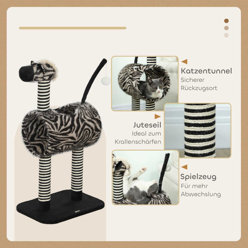 Tiragraffi per gatti con design zebrato e tunnel ?25 cm, lunghezza totale 93 cm, colore bianco e nero.