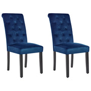 Set di 2 sedie da pranzo in velluto blu, legno di gomma, gambe nere, bottoni e piedistalli