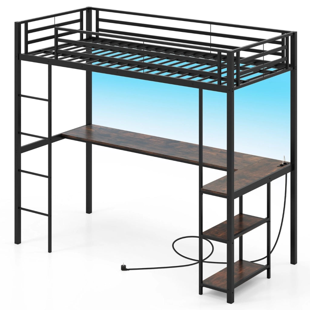 Letto metallico loft con presa elettrica-Giroletto a soppalco con sponda & scala Nero + Marrone Rustico