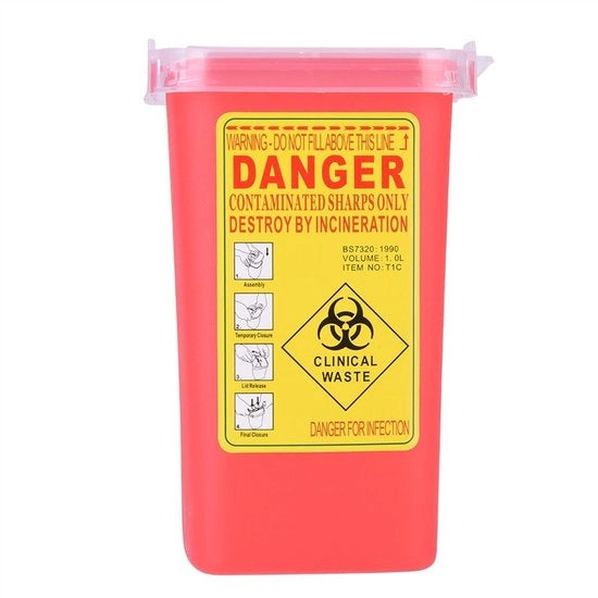 Contenitore per rifiuti 1 Litro - Contenitore per rifiuti con chiusura a clip - Contenitore per rifiuti medico - Resistente alle punte - Coperchio scorrevole - Facile da usare - Contenitore per siringhe