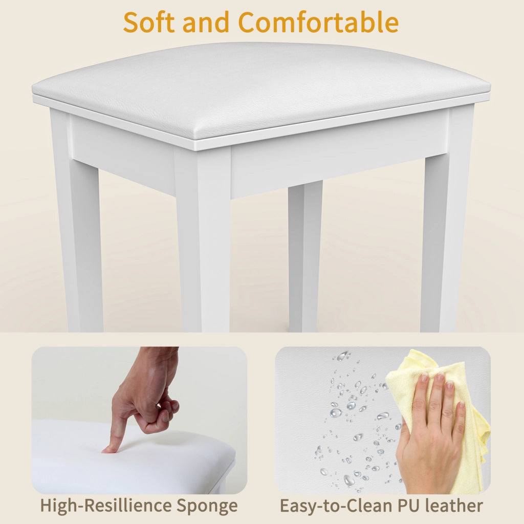 Sgabello da trucco imbottito con gambe in legno, in PU bianco